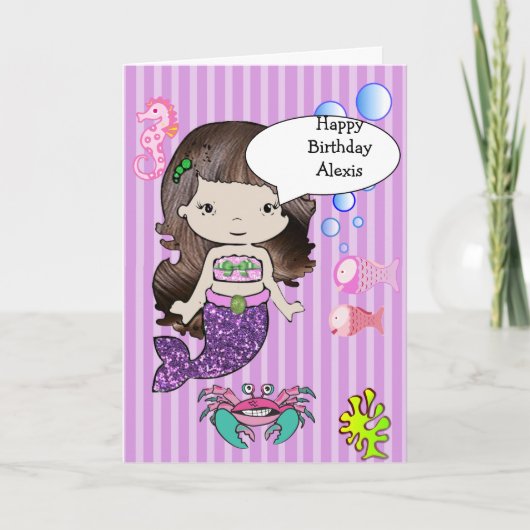 Brünette Lila Mermaid Happy Birthday Card Karte (Vorderseite)