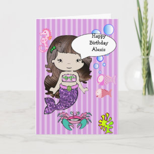Brünette Lila Mermaid Happy Birthday Card Karte