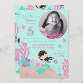 Brünette Meerjungfrau-fünfter Geburtstag Einladung (Vorne/Hinten)
