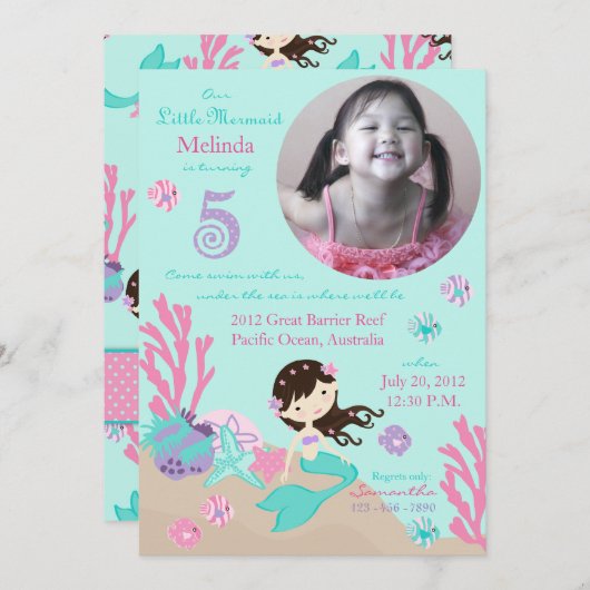 Brünette Meerjungfrau-fünfter Geburtstag Einladung (Vorne/Hinten)