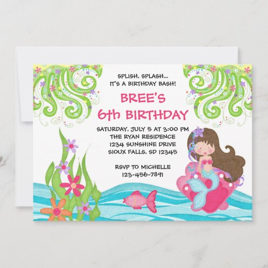 Brünette Meerjungfrau-Geburtstags-Einladungen Einladung (Vorderseite)