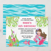 Brünette Meerjungfrau-Geburtstags-Einladungen Einladung (Vorne/Hinten)