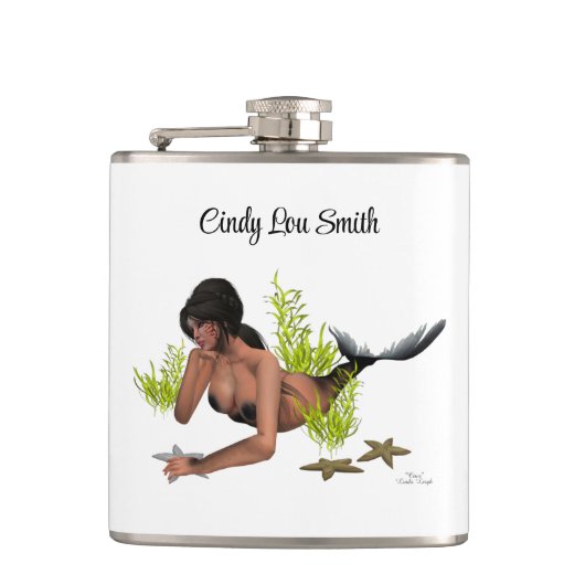 Brünette Meerjungfrau mit Starfish Drink Flasche Flachmann (Vorderseite)
