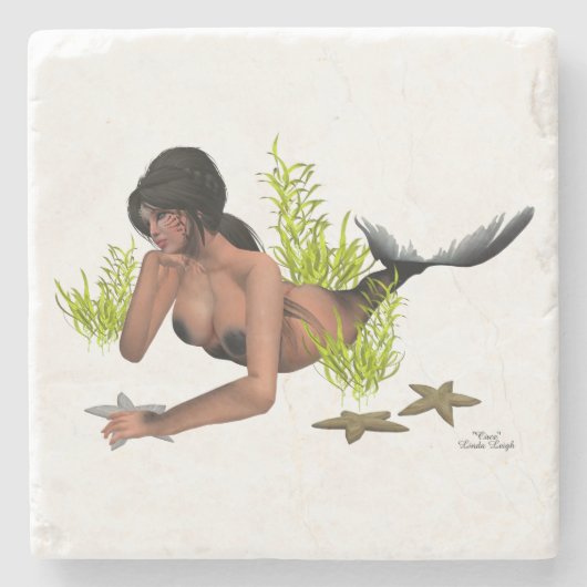 Brünette Meerjungfrau mit Starfish Stone Untersetz Steinuntersetzer (Vorderseite)