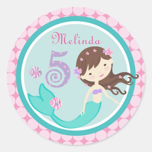 Brünette Mermaid Age Five Birthday Sticker (Vorderseite)