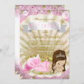 Brünette Mermaid Baby Dusche in Rosa und Gold Einladung (Vorne/Hinten)