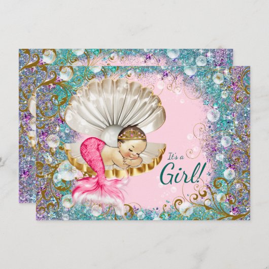 Brünette Mermaid Baby Shower Einladungen (Vorne/Hinten)