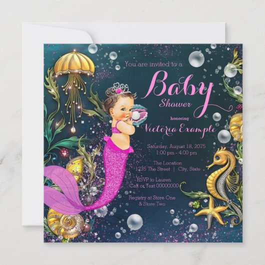 Brünette Mermaid Babydusche in Pink Einladung (Vorderseite)