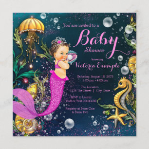 Brünette Mermaid Babydusche in Pink Einladung