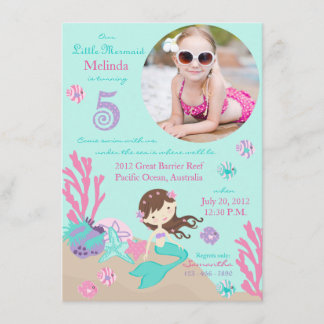 Brünette Mermaid Fünfter Geburtstag Einladung