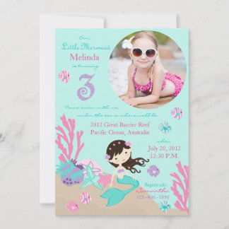 Brunette Mermaid Third Birthday Invitation Einladung