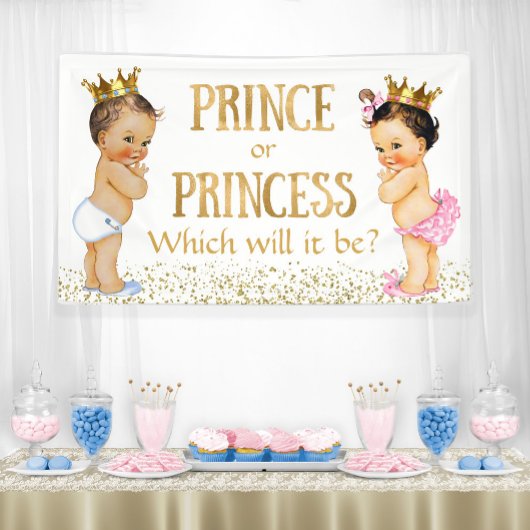 Brünette Prinzessin Gender Reveal Baby Dusche Banner