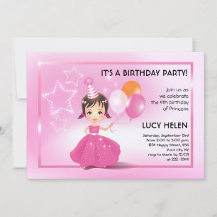 Brünette Prinzessin Kinder Geburtstagsparty Einlad Einladung
