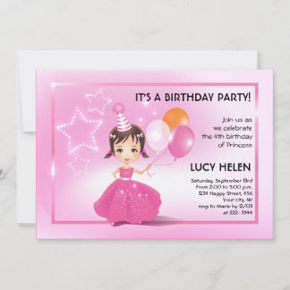 Brünette Prinzessin Kinder Geburtstagsparty Einlad Einladung