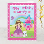 Brünette Prinzessin mit Burg & Regenbogengeburt Karte (Gelbe Blume)