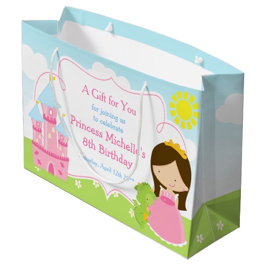 Brünette Prinzessin und Drache Vielen Dank Große Geschenktüte (Rückseite Schrägansicht)