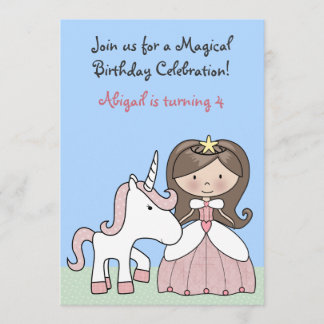 Brünette Prinzessin und Einhorn zum Geburtstag Einladung