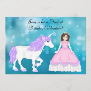 Brünette Prinzessin und Einhorn zum Geburtstag Einladung