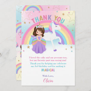Brünette Prinzessin und Rainbow Unicorn Geburtstag Dankeskarte