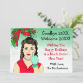 Brünette Retro-Lady Dreht die Vogelweihnachtswelt Karte (Stehend Vorderseite)