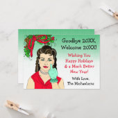 Brünette Retro-Lady Dreht die Vogelweihnachtswelt Karte (Vorderseite/Rückseite Beispiel)