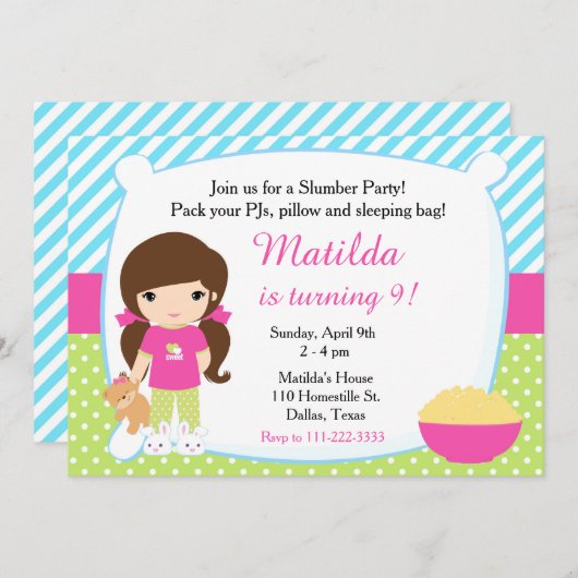 Brünette Ruhephase Slumber Party Geburtstag Einladung (Vorne/Hinten)