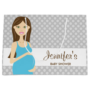 Brünette Schwangere in Blue Dress Baby Dusche Große Geschenktüte