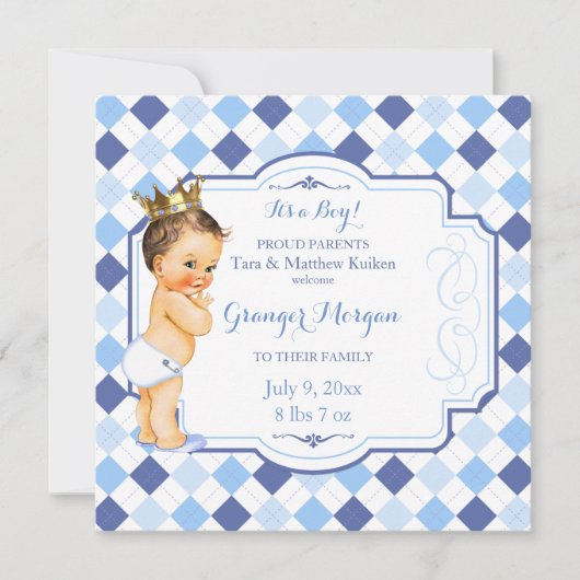 Brünette Vintage Baby Crown Little Prince Raute Ankündigung (Vorderseite)