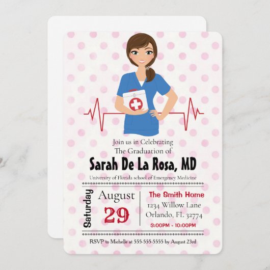 Brünetter Abschluss der Medizinschule für Mädchen Einladung (Vorne/Hinten)