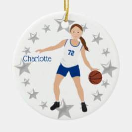 Brünetter Girl-Basketball-Spieler weiß und blau Keramik Ornament