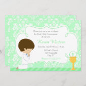 Brünetter Junge Erste Kommune Damask Einladung (Vorne/Hinten)