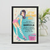 Brünetter Retro Roller Skaten Junggeselinnen-Absch Einladung (Stehend Vorderseite)