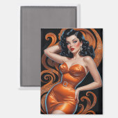 Brünettes Button-Up Orange Dress Magnet (Vorderseite/Rückseite)