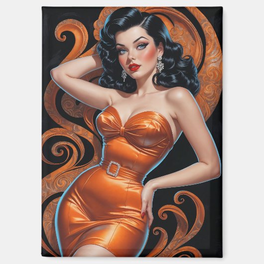 Brünettes Button-Up Orange Dress Magnet (Vorderseite)