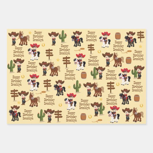 Brünettes Cowboy-Personalisiert-Wrapping-Paper Geschenkpapier Set (Vorderseite)