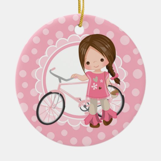 Brünettes Fahrrad-Mädchen - rosa Weiß Keramik Ornament (Vorne)
