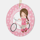 Brünettes Fahrrad-Mädchen - rosa Weiß Keramik Ornament (Links)