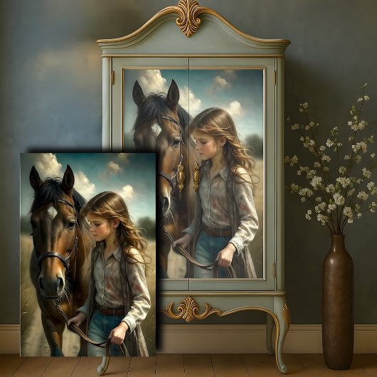 Brünettes Girl Brown Pferd Rustikales Landdekoupag Seidenpapier