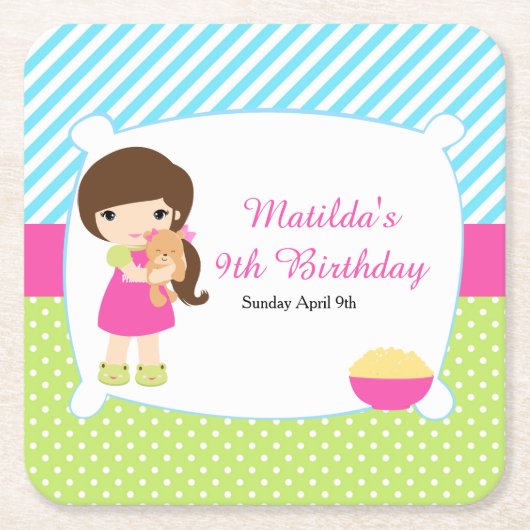 Brünettes Girl Sleepover Slumber Party Rechteckiger Pappuntersetzer (Vorderseite)