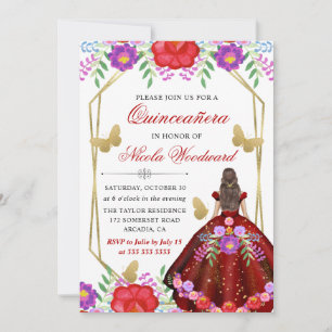 Brünettes mexikanisches Blumenkleid Quinceañera Einladung