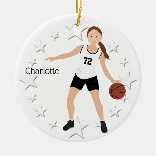 Brünettes schwarz-weißes Basketballmädchen Keramik Ornament (Vorne)