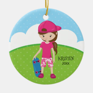 Brünettes Skateboard-Mädchen-personalisiertes Keramik Ornament