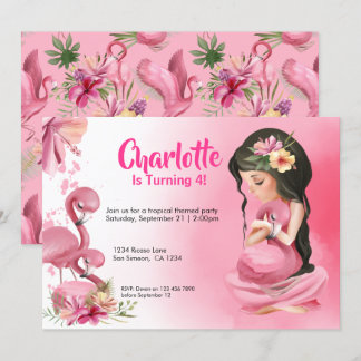 Brünettes tropisches Mädchen Flamingo Geburtstag Einladung