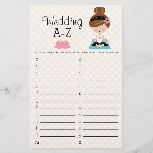 Brünettes Yoga Brautparty Hochzeit A-Z Game (Vorderseite)