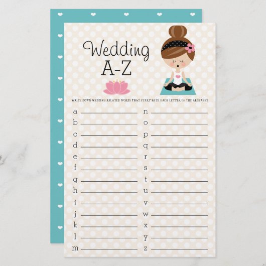 Brünettes Yoga Brautparty Hochzeit A-Z Game (Vorne/Hinten)