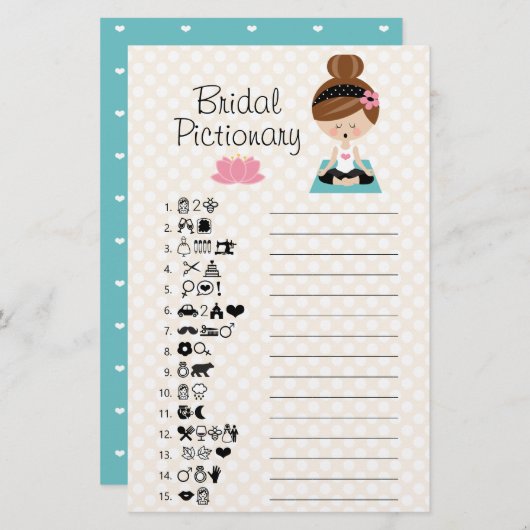 Brünettes Yoga Brautparty Pictionary Game (Vorne/Hinten)