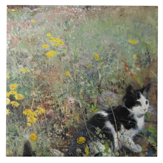 Bruno Liljefors - Katze auf Blumenbeet Fliese (Vorderseite)