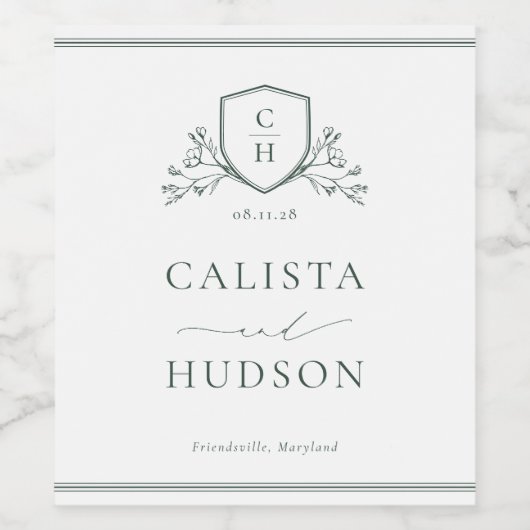 BRUNSWICK Monogram Crest Wedding Weinetikett (Einzelnes Label)