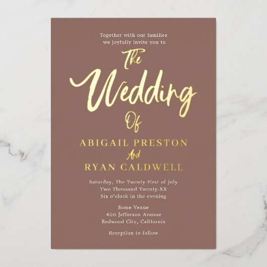 Brush Calligraphy 4 Foto Brown Wedding Folieneinladung (Vorderseite)