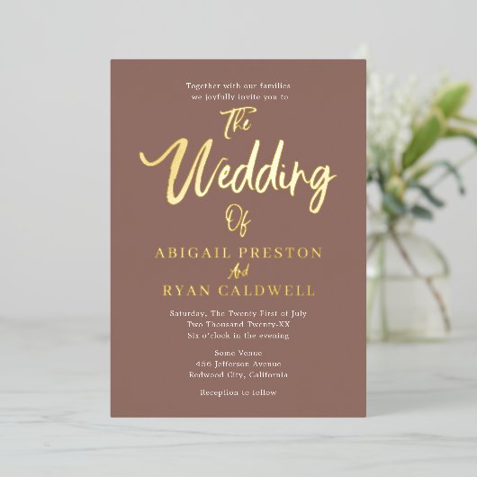 Brush Calligraphy 4 Foto Brown Wedding Folieneinladung (Stehend vorne)